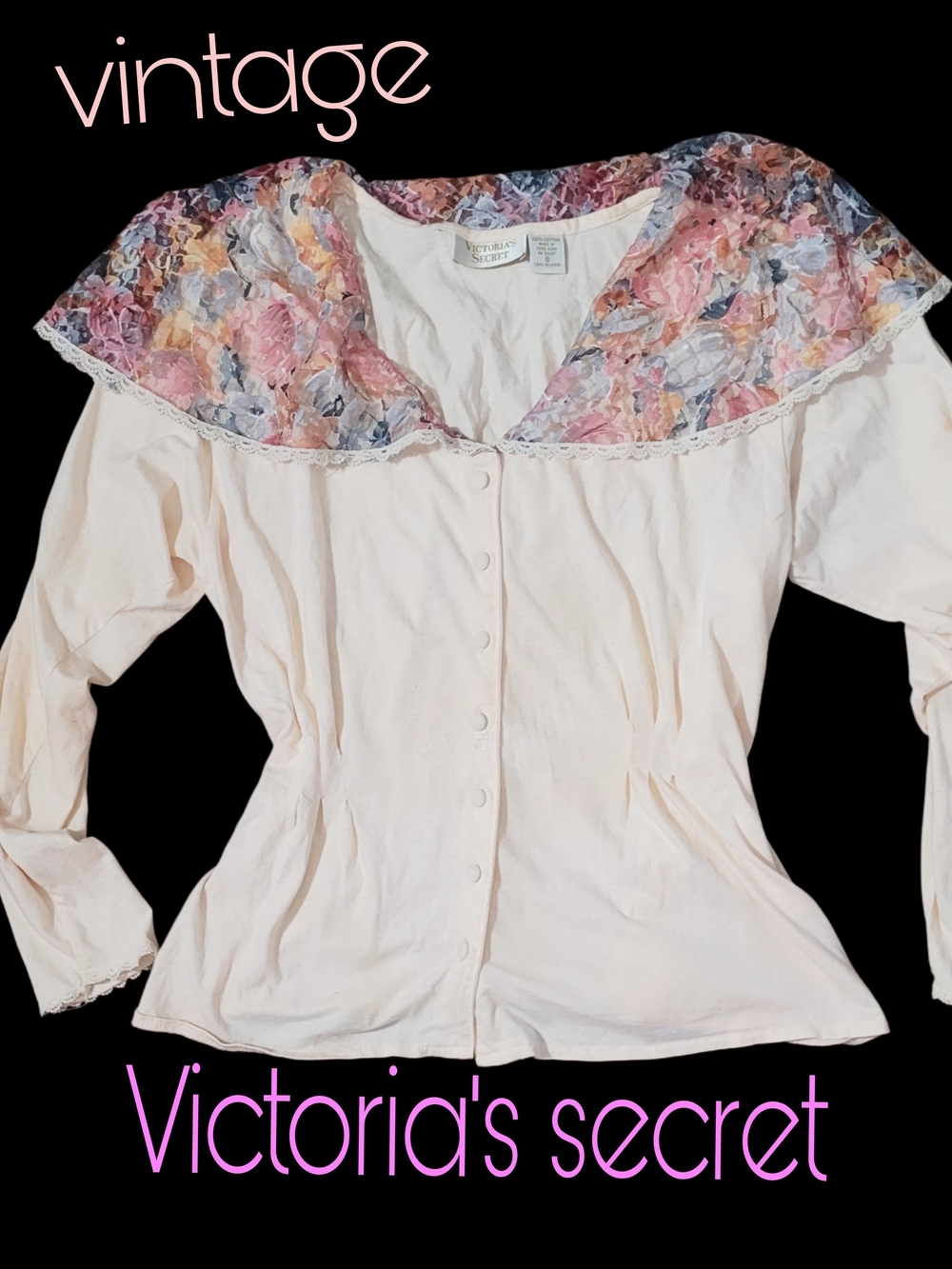 Rare 1980s Victoria's Secret Vintage  Button-Front Pj Top w/ Lace Floral Collar